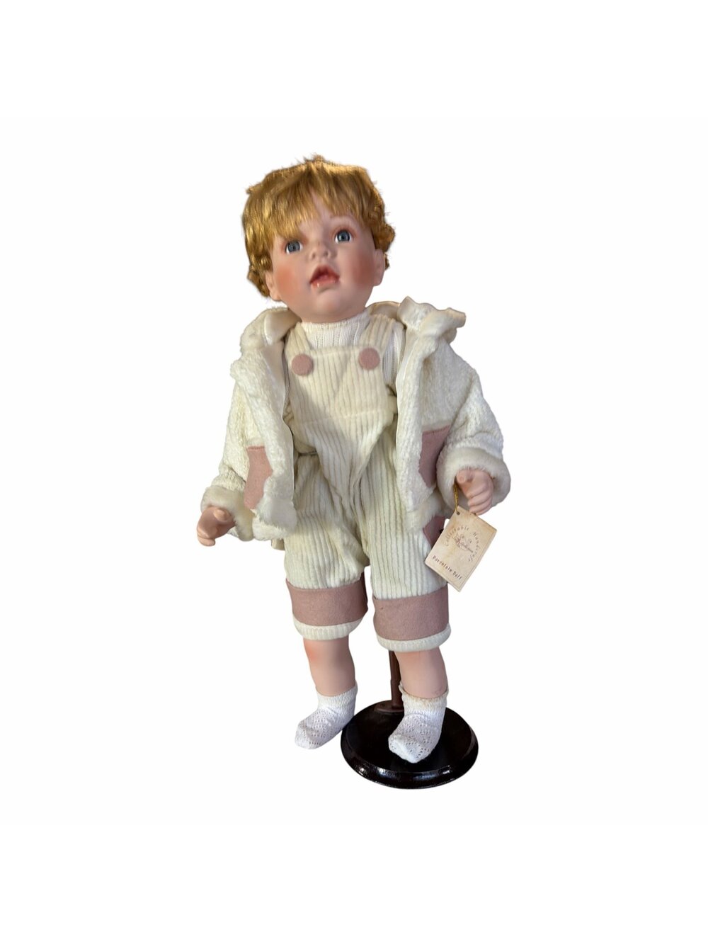 Vintage Porcelain Doll Boy Outfit on Stand porcelain collector doll, resembling
